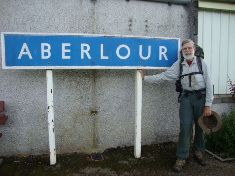 I arrived at Aberlour's Speyside Way Visitors' Center at 1:35 PM... five minutes after it closed. As I was pondering my next move, the Duke of Edinburgh kids popped around the corner and kindly snapped my photo. Back home in Baltimore, I found an "Aberlour" brand single-malt Scotch. 
