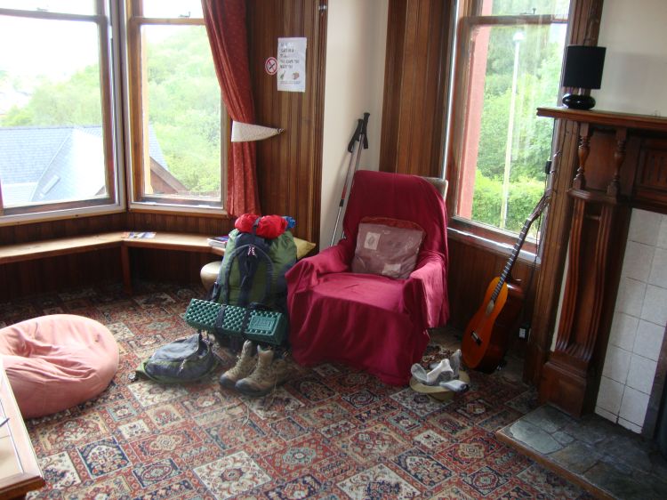 On Thursday June 30 (Day 35 of my trip), I'm assembling my pack in the Fort William Backpackers' lounge. With only a couple of miles' walk out to Glen Nevis ahead, I spent the day in Fort William and began my walk about 3:00 PM. I called Andrea from Glen Nevis with birthday greetings!