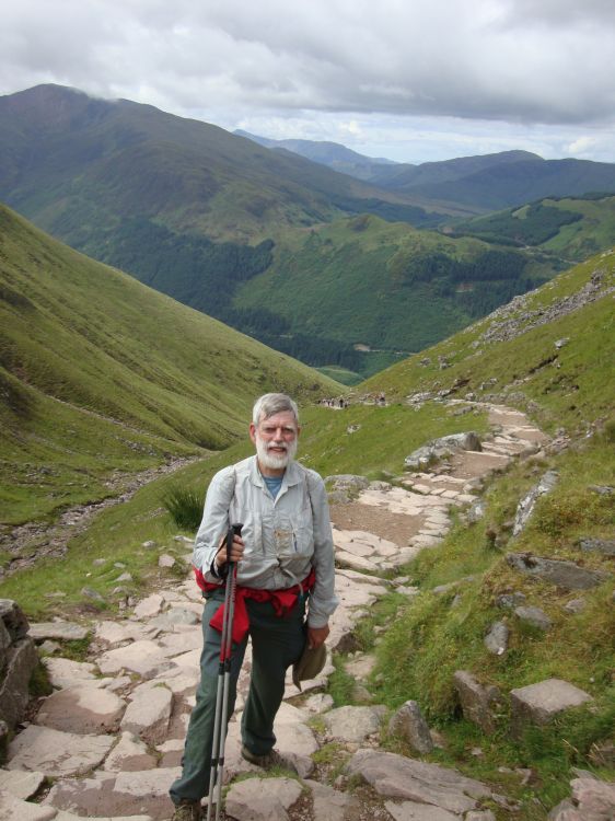 On Friday July 1 (Day 36), I took the Youth Hostel trail up to the Ben Nevis "Tourist Path." Here, shortly before 11:00 AM, I'm 20 minutes below a lochan at a turn in the path. My backpack's detachable top flap pocket serves as a daypack, with rope as shoulder straps.