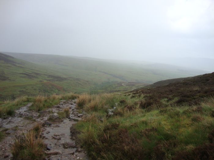 Looking back at the path, visible winding in the center, as I began the climb toward Conic Hill: 2:30 PM, Saturday May 28.