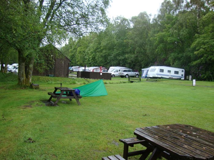 After a rough day of rain and sleet, blowdowns, and Conic Hill, I grabbed the first camping opportunity: "Campers' and Caravanners' Campground" on Loch Lomond at Balmaha. A nice enclosed room, in the brown building, made cooking easier. Folk singers, though, were blowin' in the wind until almost midnight.