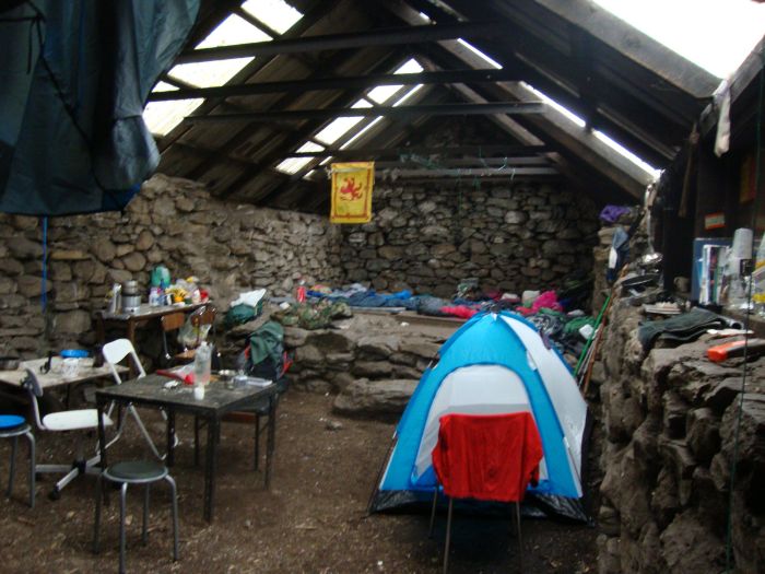 Sunday night (5/29/11), my first bothy: Rowchoish Bothy. Unusually large, it has a dirt floor but wooden sleeping platform. I shared it with two Scotsmen (Ian and Kendrick) and, with the tent, a young German couple, Toby and Anna. 