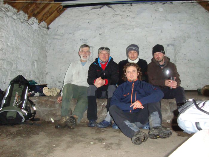 Doune Bothy, where I spent Monday night (of Day 4) with these four German men. They gave me a large fuel canister; the lantern they'd bought it for did not work. I was to see them several times later along the WHW.