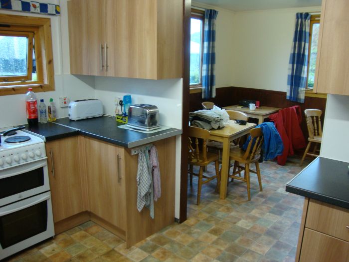 The crown jewel of backpackers' rooms! Strathfillan Wigwams had a full kitchen and a dining area that suggested that a waitress would soon appear! That's my stuff; I had it to myself from about 5AM to 7AM Wednesday, June 1 (Day 6)
