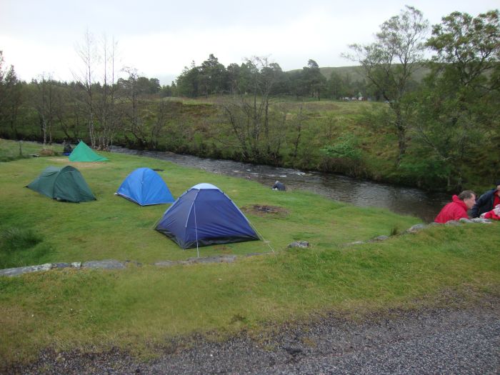 Thursday, June 2 (Day 7), the "wild campsite" just over the bridge past the Inveroran Hotel. Wind was fierce last night and just about had the tarp flattened on the ground! Still... a good rest!