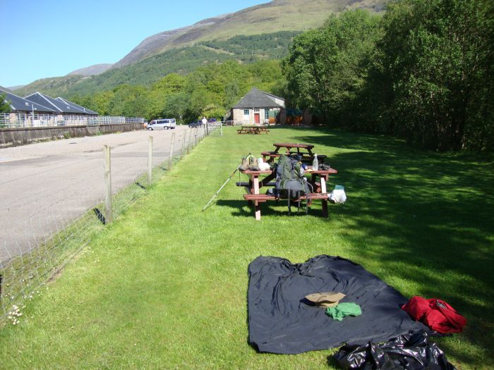 Blackwater Campground, Kinlochleven, Friday morning (6/3/11, Day 8), 9:30 AM. Last one out! When I rolled in at 6:15 PM after my long Thursday, I was greeted by Toby and Anna (from Rowchoish Bothy, night 2) and the four German men (from Doune Bothy (night 3), beside whom I camped here)! I'd told them I planned a slow pace, and they didn't, so they were surprised to see me.